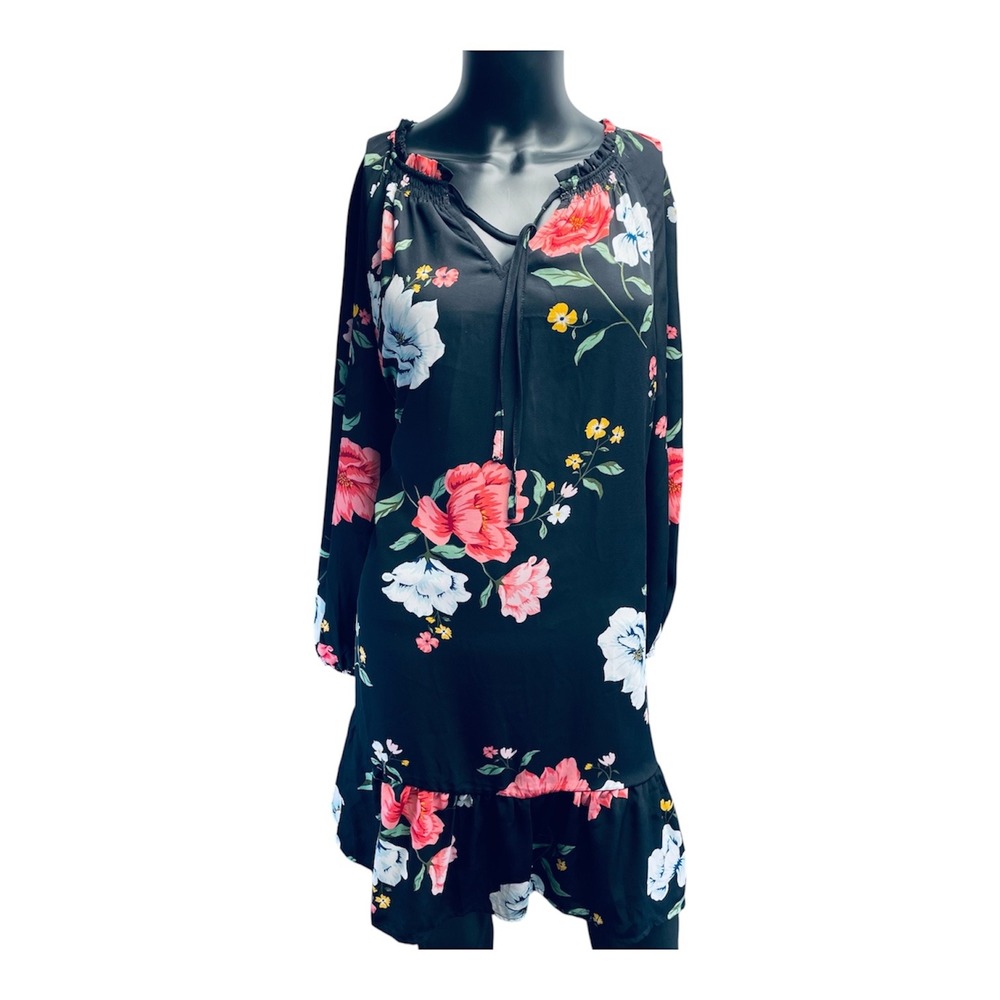 Old Navy Women Shift Dress Black Floral Polyester M Boho Ruffle Hem Long Sleeve